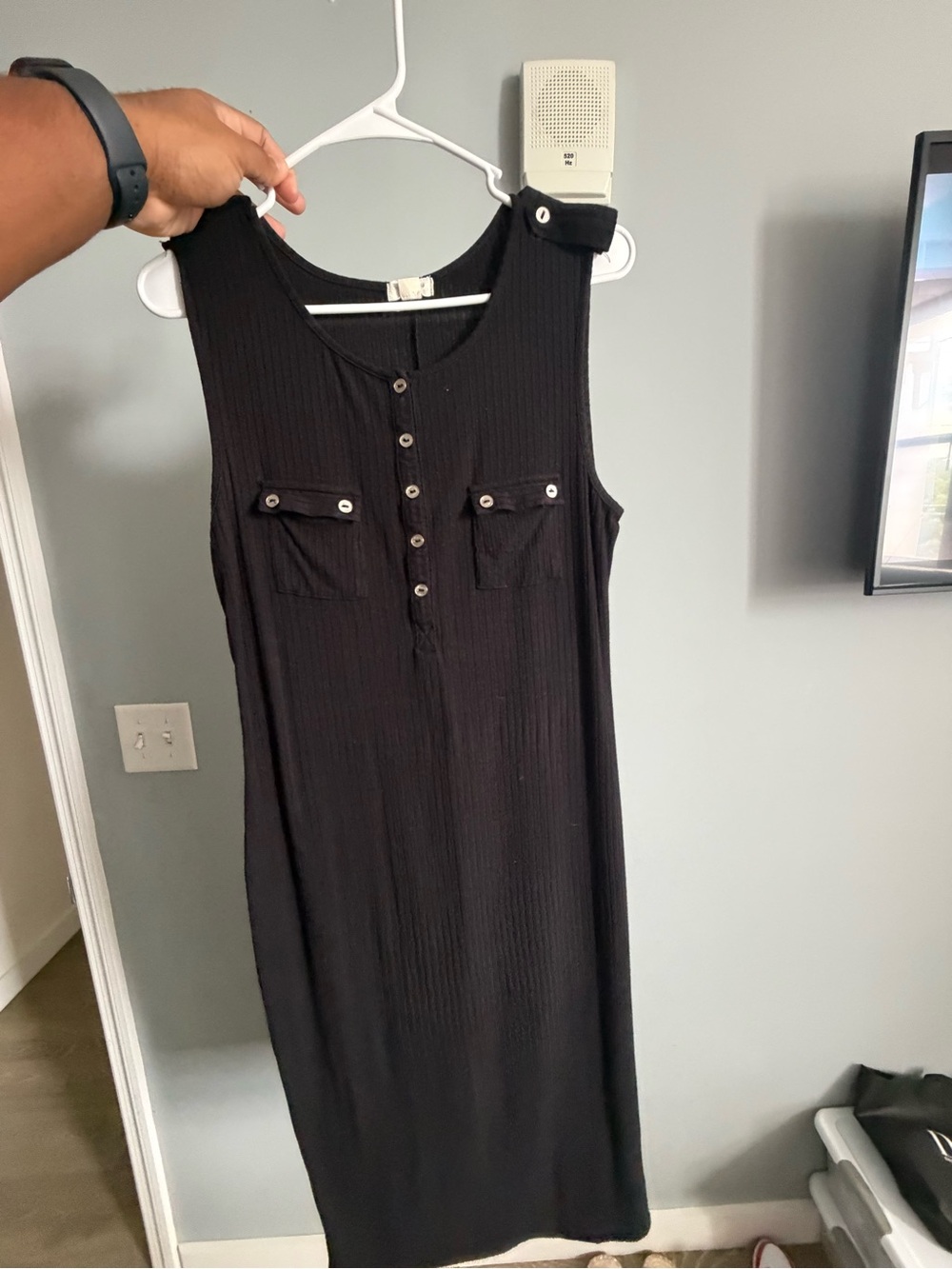 Sleeveless Black Ribbed Button-Front Dress